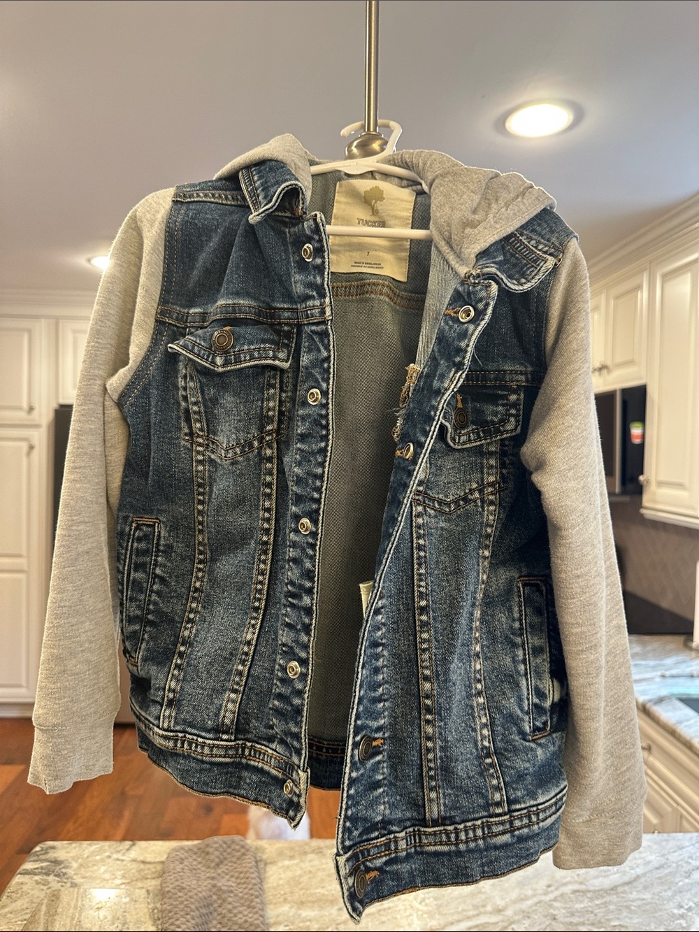 Tucker + Tate Blue Denim Jacket with Gray Hoodie Sleeves